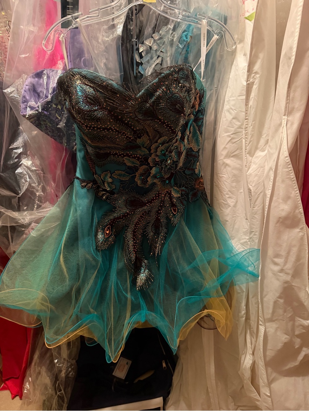 Sherri Hill Teal and Peacock Feather Embroidered Tulle Party Dress